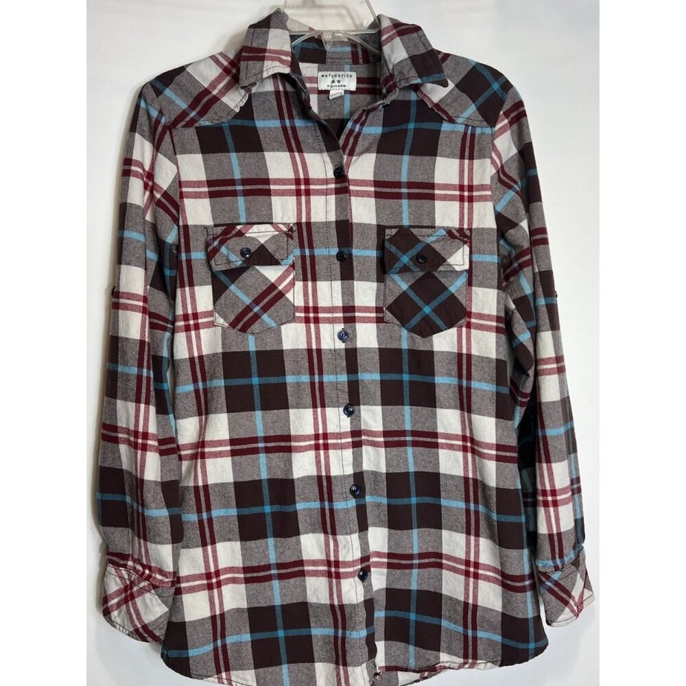 Matchstick red white and blue flannel long sleeve button up shirt men’s Sz Small